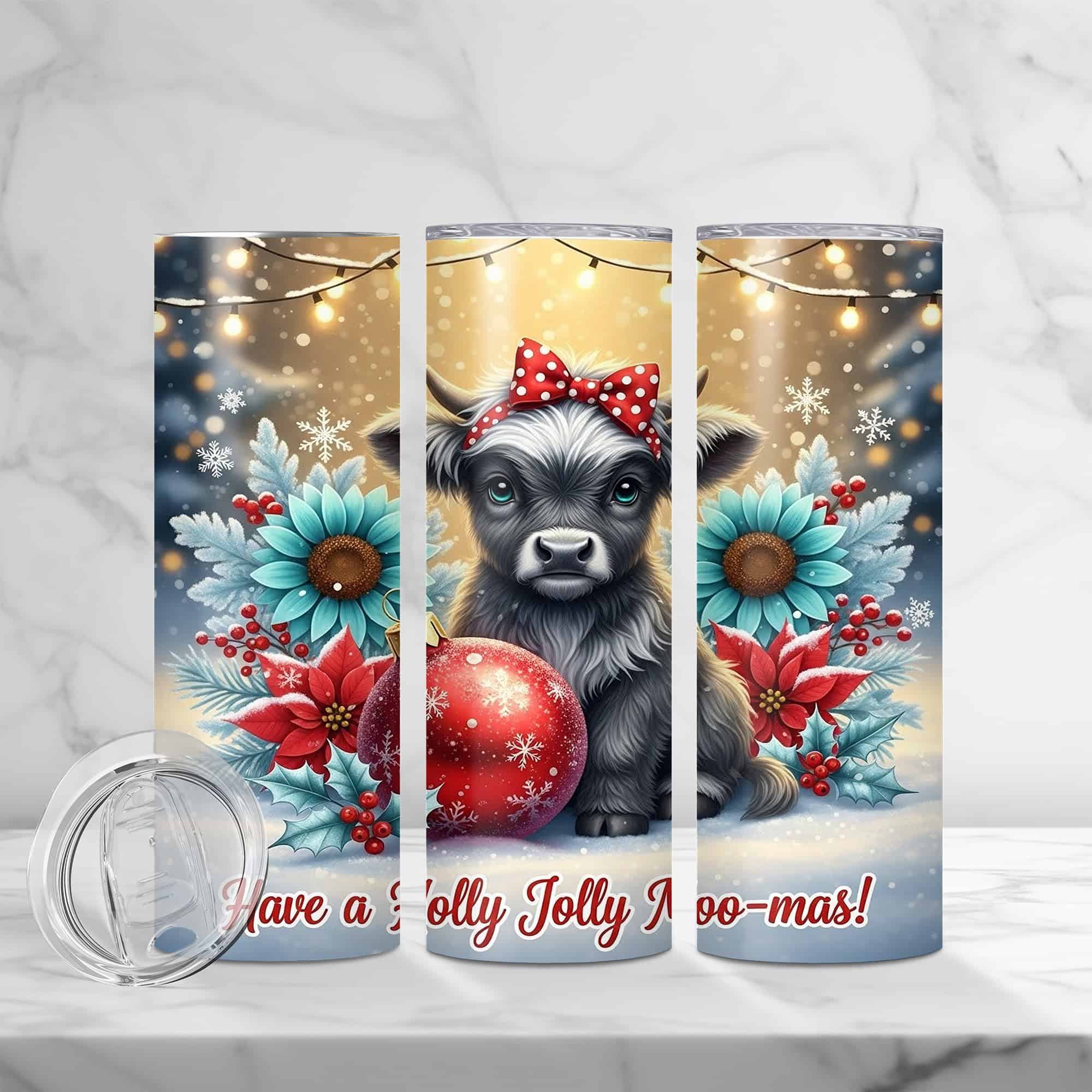 Holly Jolly Moo-mas Christmas Highland Cow 20oz Sublimation Tumbler - Image 4
