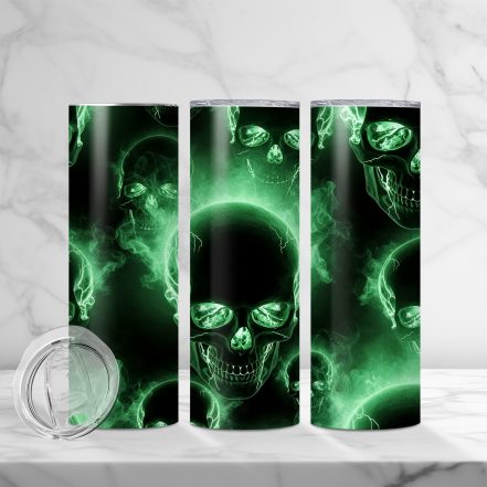 Glowing Green Skulls 20oz Sublimation Tumbler – Neon Smoke Horror Pattern Cup - Image 4