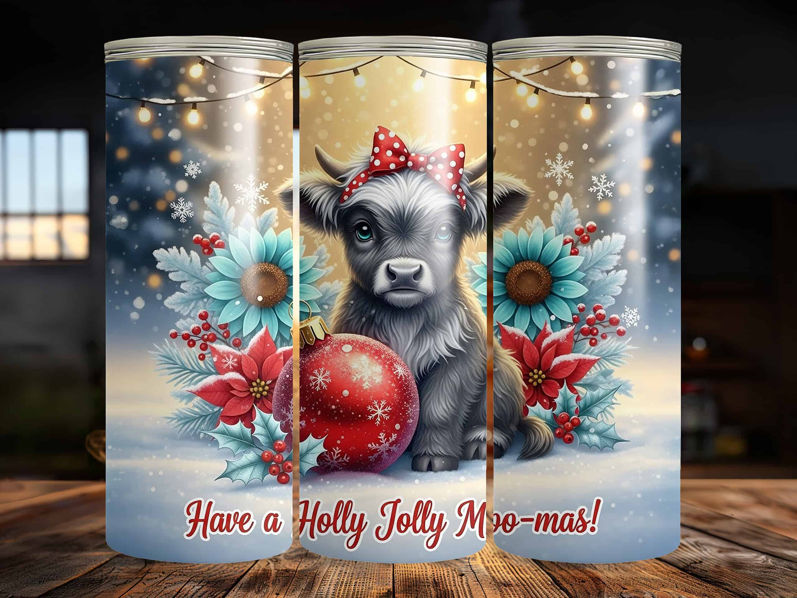 Holly Jolly Moo-mas Christmas Highland Cow 20oz Sublimation Tumbler