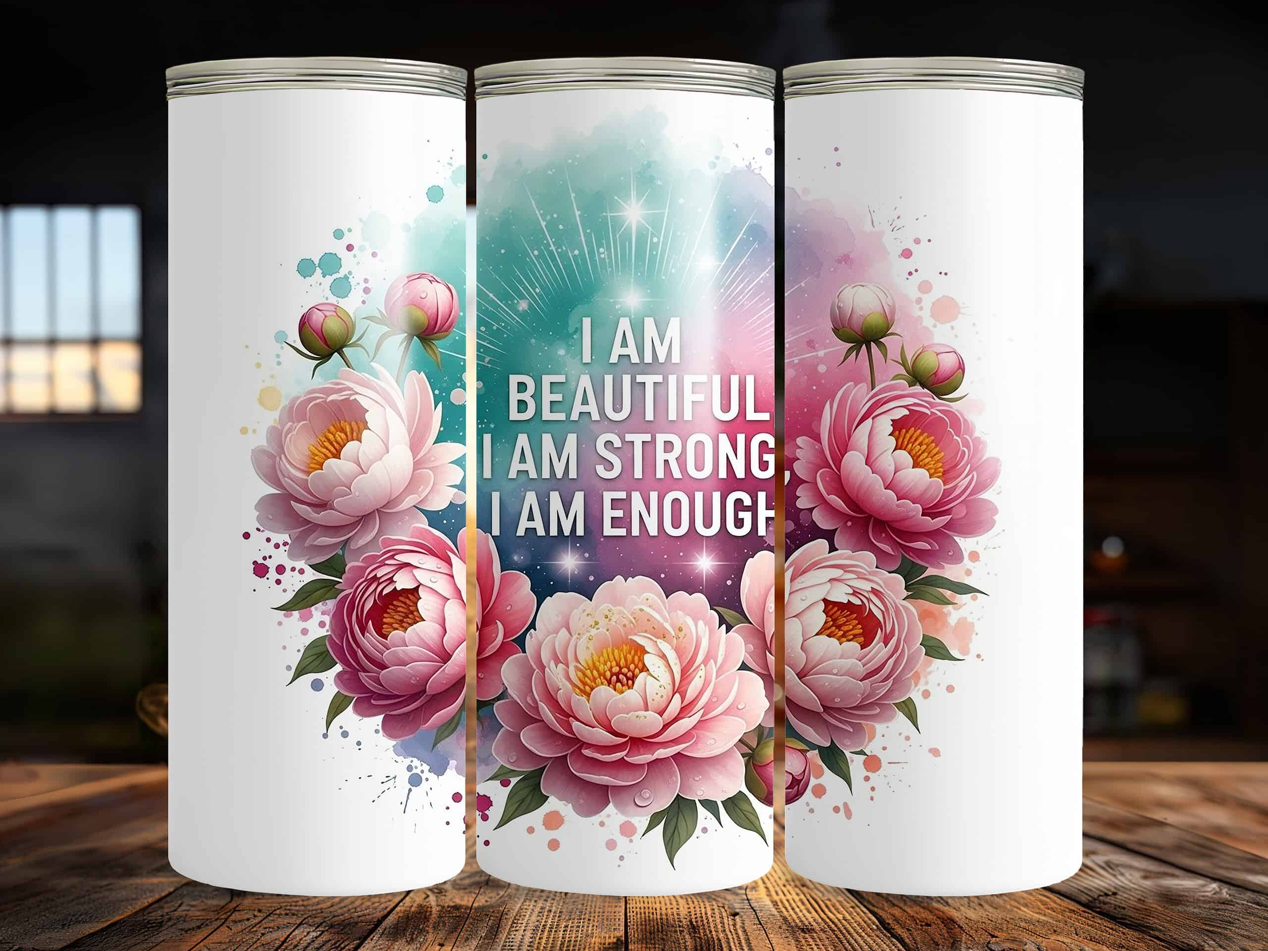 I Am Beautiful I Am Strong I Am Enough 20oz Sublimation Tumbler – Floral Positive Affirmation Cup